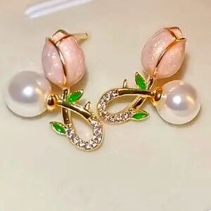 TULIP FLOWER EARRINGS Simulated Pearl and S925 Post Quality Enamel